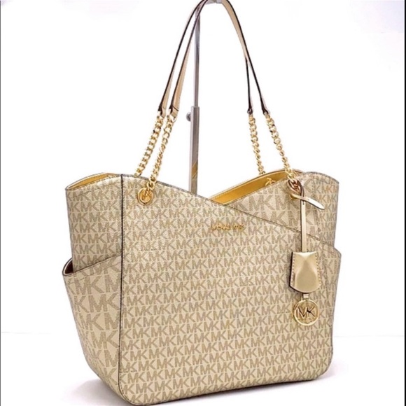 MICHAEL KORS LG X CHAIN SHOULDER TOTE & Lg Double Zip Wallet PALE GOLD SIGNTR - Picture 7 of 16